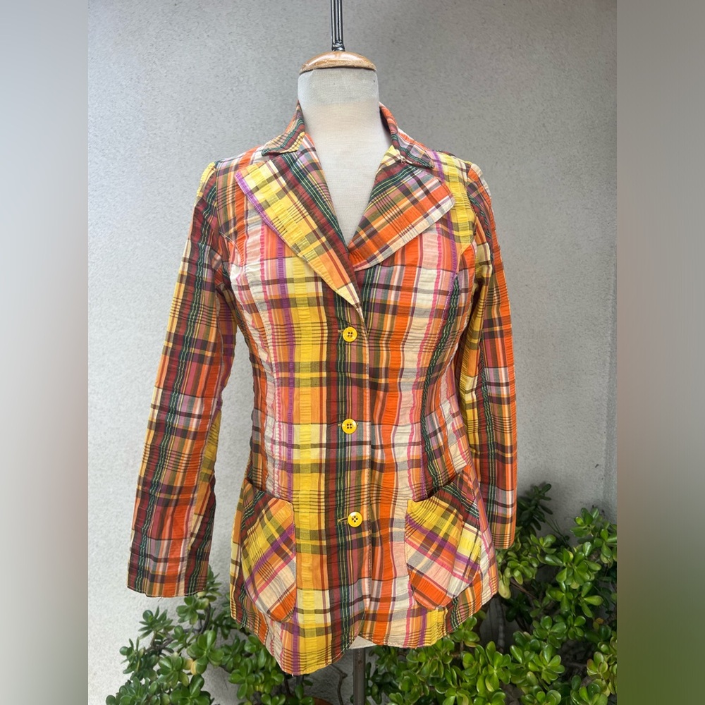 Vintage 70s seersucker blazer jacket yellow brown orange plaid Sz S/M Tru Blouse
